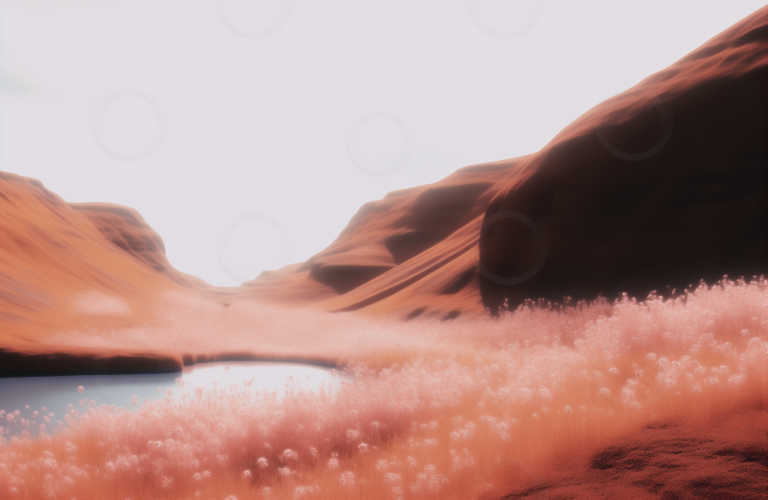 Dreamy pink valley filled with flowers.