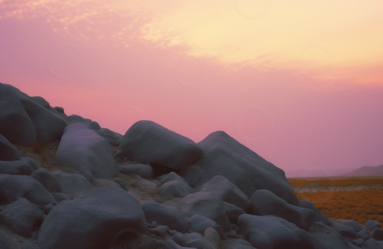 Dreamy grey rocky landscape at sunset.