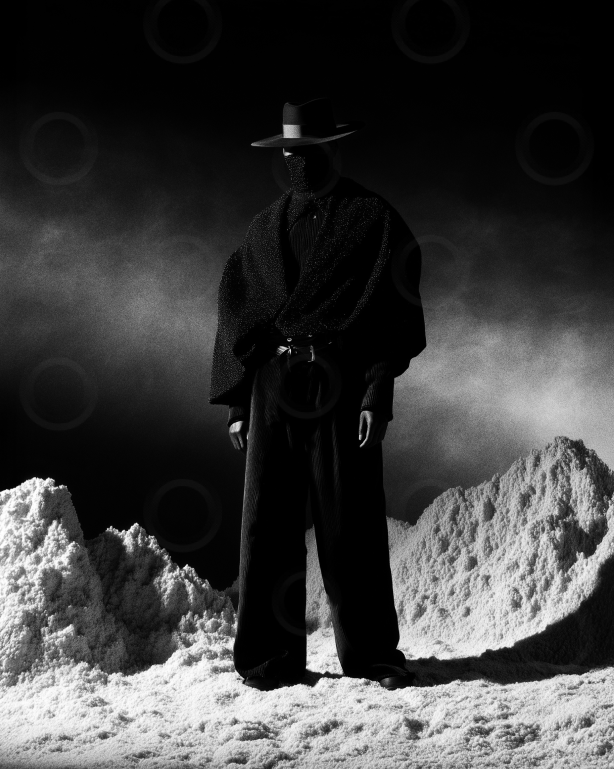 Monochrome masked figure in wide brim hat.