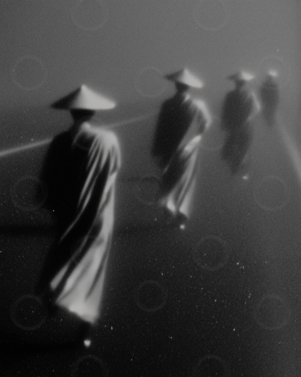 Monochrome monks walking into fog on a quiet road.