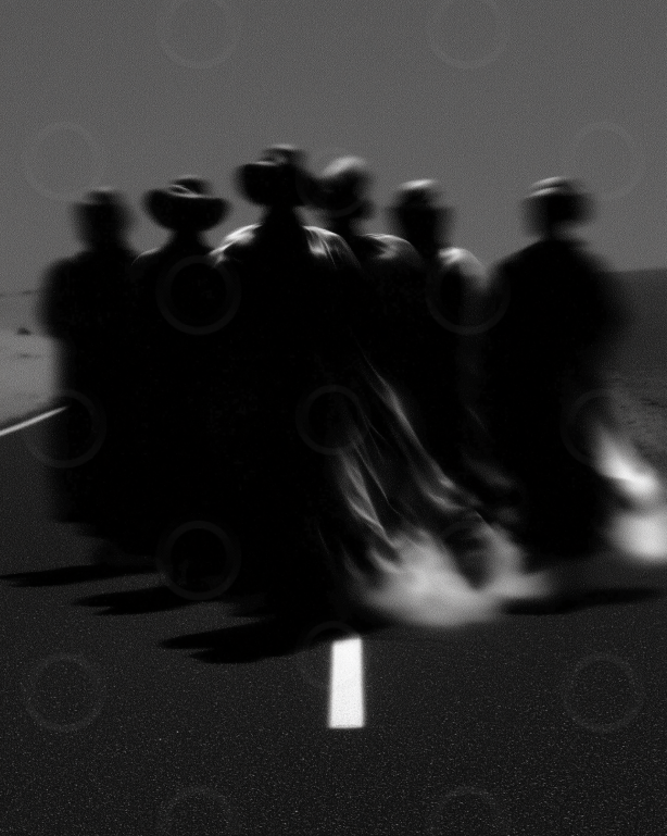 Monochrome figures crossing a desert road.