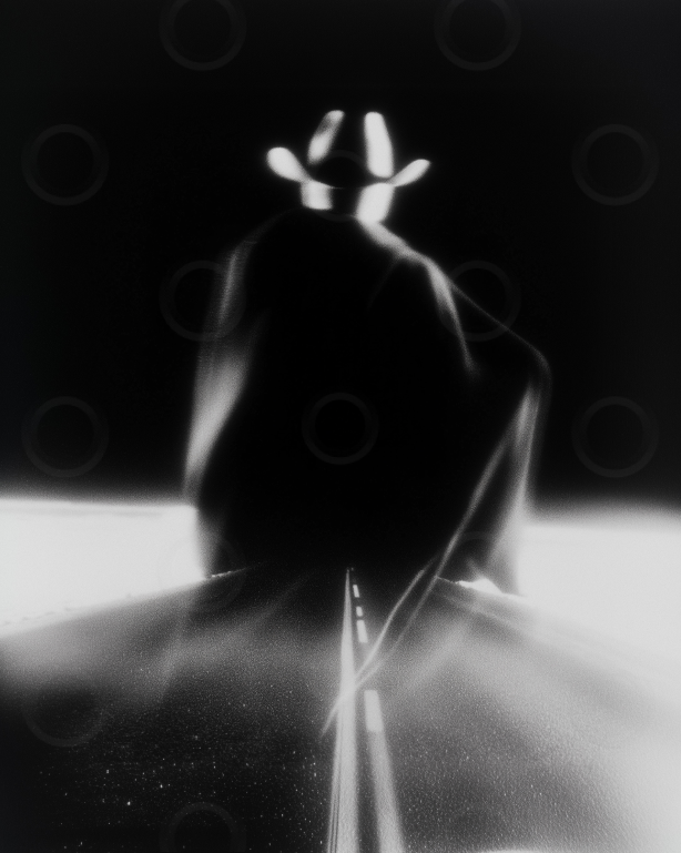 Monchrome lone cowboy at the end of the road.