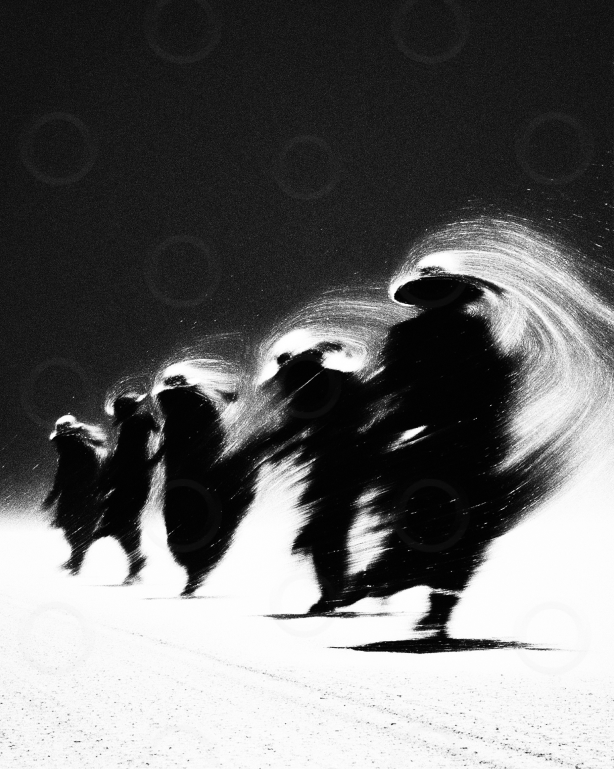 Monochrome pilgrim in a whirlwind.