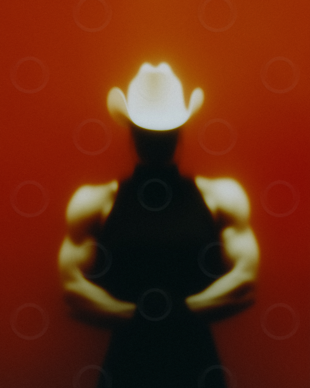 Muscular figure in white cowboy hat against red.
