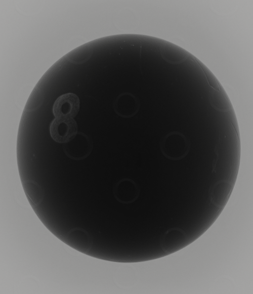 Monochrome 8 ball on a grey background.
