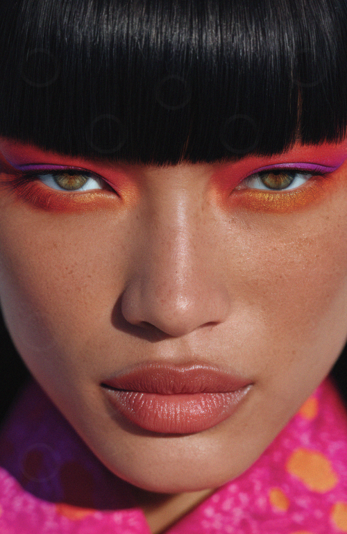 Close-Up beauty portrait with hot pink and orange eyeshadow.