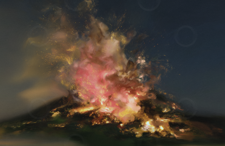 Oil painting of a volcano erupting.