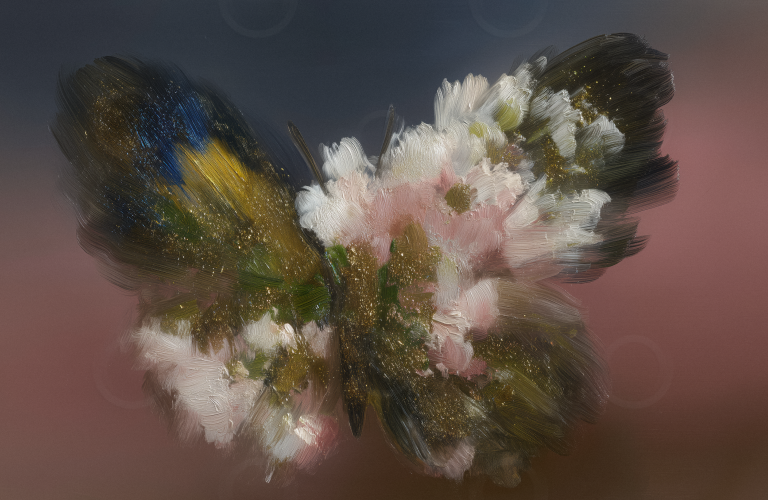A butterfly painted in an impressionist style.