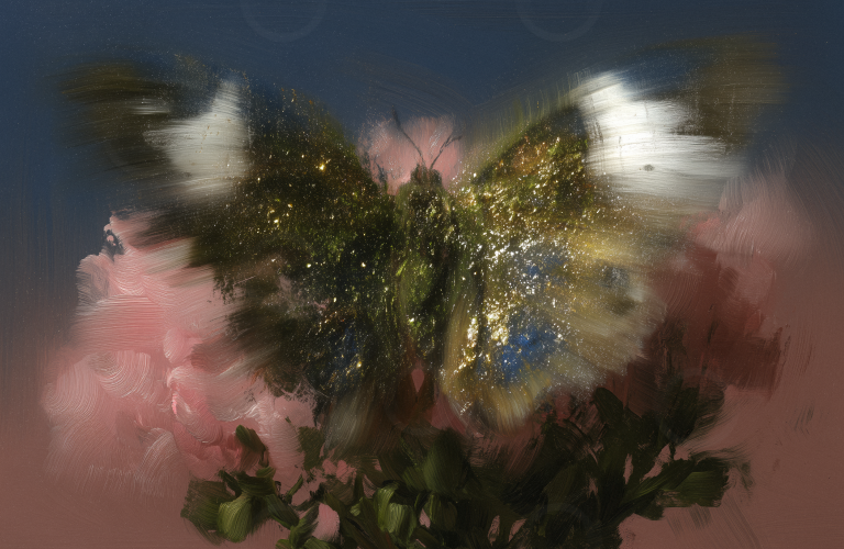 A butterfly painted in an impressionist style.