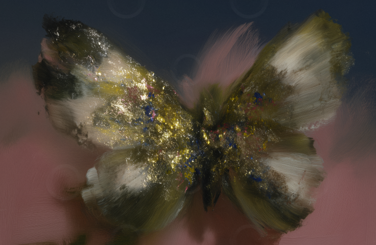 A butterfly painted in an impressionist style.