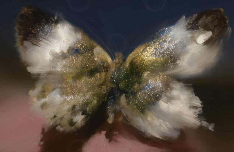 A butterfly painted in an impressionist style.